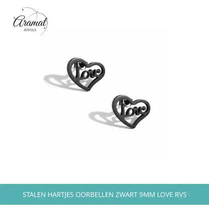 Stalen Hartjes Oorbellen Zwart 9mm Love RVS by@Outfy