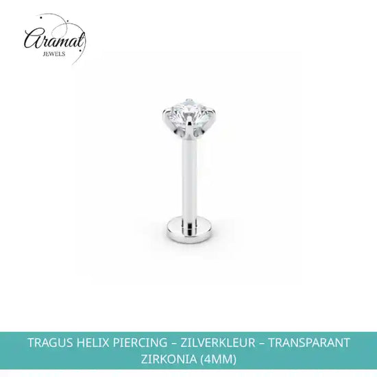 Tragus Helix Piercing &ndash; Zilverkleur &ndash; Transparant Zirkonia (4mm) by@Outfy