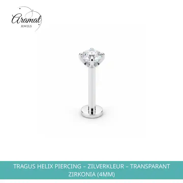 Tragus Helix Piercing &ndash; Zilverkleur &ndash; Transparant Zirkonia (4mm) by@Outfy
