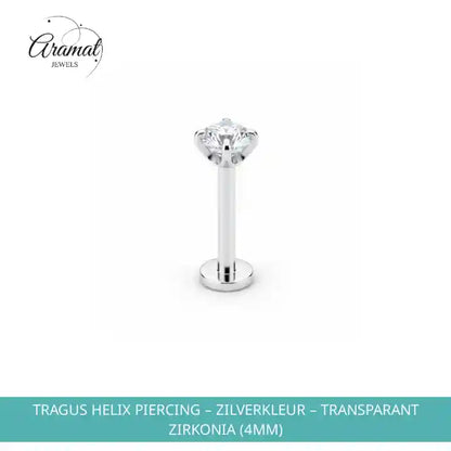 Tragus Helix Piercing &ndash; Zilverkleur &ndash; Transparant Zirkonia (4mm) by@Outfy