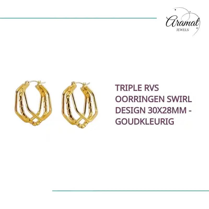 Triple RVS Oorringen Swirl Design 30x28mm - Goudkleurig by@Outfy
