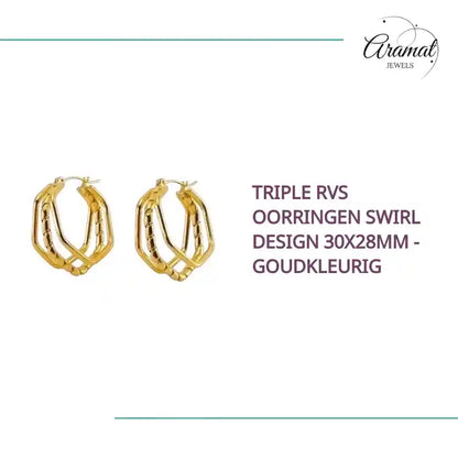 Triple RVS Oorringen Swirl Design 30x28mm - Goudkleurig by@Outfy