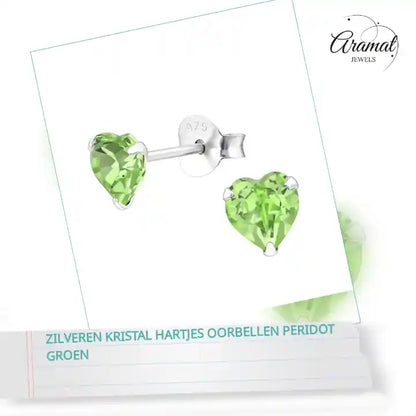 Zilveren Kristal Hartjes Oorbellen Peridot Groen by@Outfy
