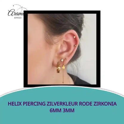 Helix Piercing Zilverkleur Rode Zirkonia 6mm 3mm by@Outfy