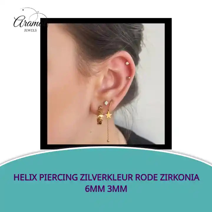 Helix Piercing Zilverkleur Rode Zirkonia 6mm 3mm by@Outfy
