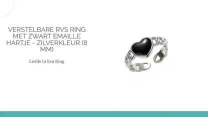 Verstelbare RVS Ring met Zwart Emaille Hartje - Zilverkleur (8 mm) by@Outfy