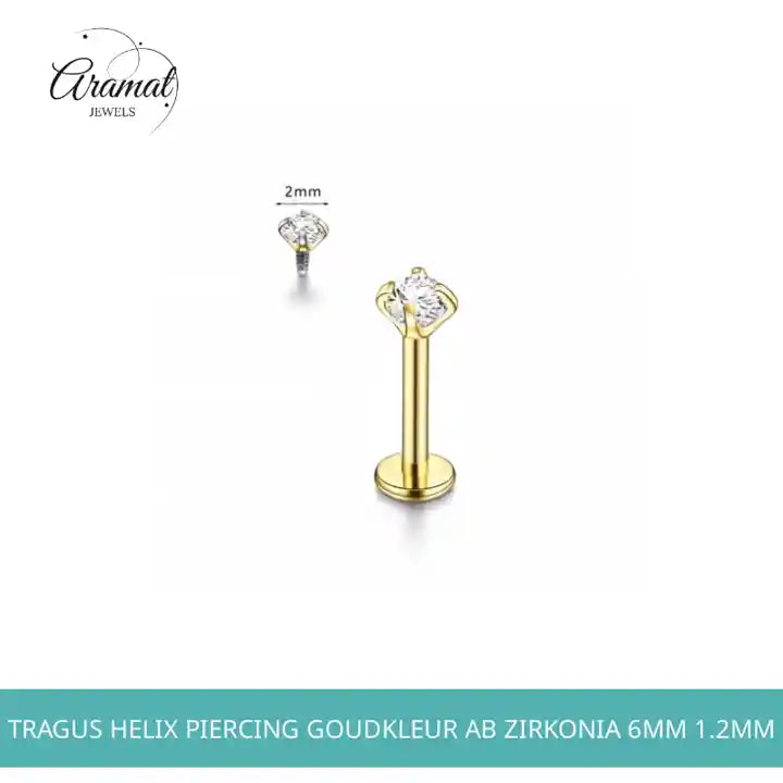 Tragus Helix Piercing Goudkleur AB Zirkonia 6mm 1.2mm by@Outfy