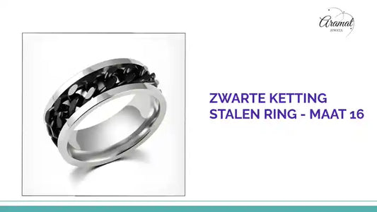 Zwarte Ketting Stalen Ring - Maat 16 by@Outfy