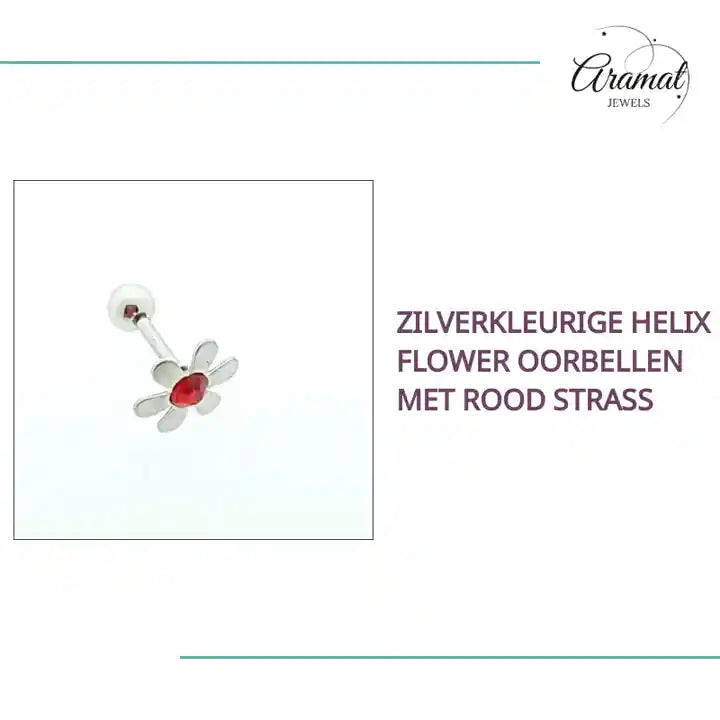 Zilverkleurige Helix Flower Oorbellen met Rood Strass by@Outfy