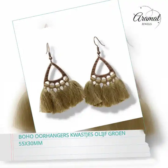 Boho Oorhangers Kwastjes Olijf groen 55x30mm by@Outfy