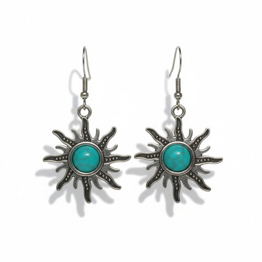 Boho oorhangers met turquoise steen zonvorm en antiek zilver, 45x23mm, lichtgewicht bohemian oorbellen voor dames
