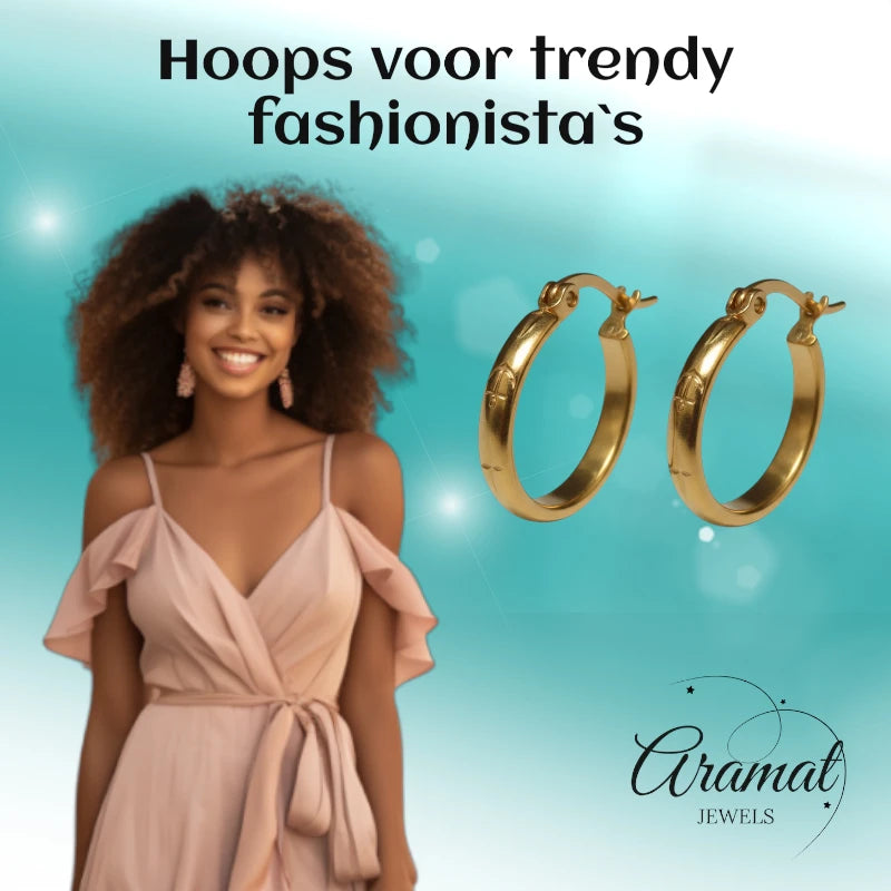 Oorringen – 20mm Creool Anker & Ster Motief RVS Goudkleur Dames