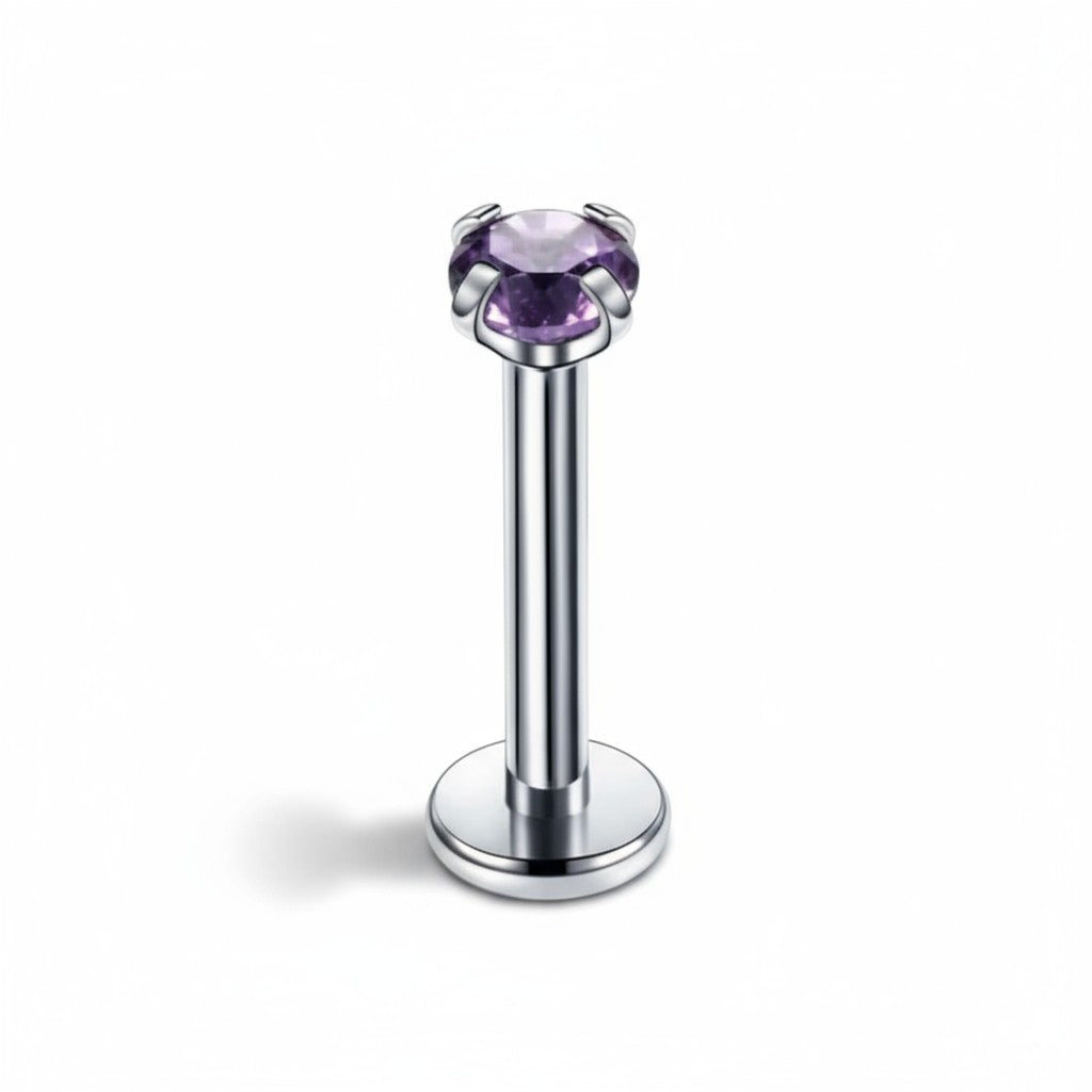 Piercing tragus couleur argent, zircon violet, 6 mm x 3 mm