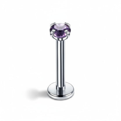 Piercing tragus couleur argent, zircon violet, 6 mm x 3 mm