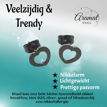 Boucles d'oreilles cœur en acier inoxydable noir 9x8mm, style cool