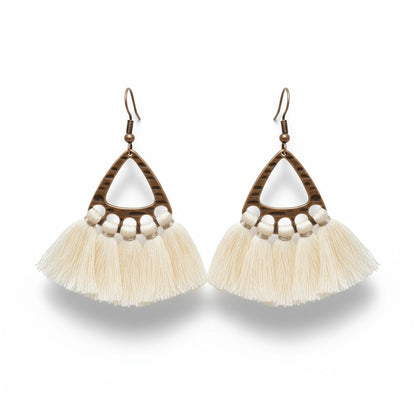 Boho oorhangers met creme kwastjes en bronskleur, 55x30mm, lichtgewicht festival oorbellen voor dames