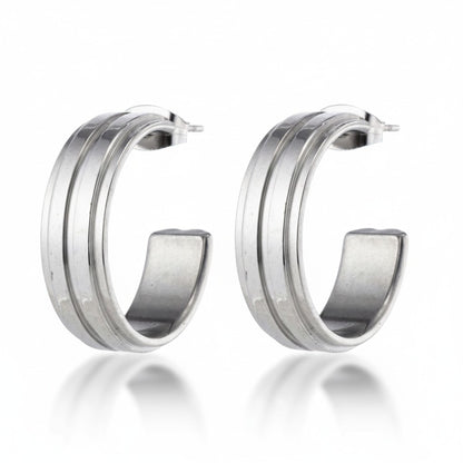 Boucles d'oreilles – Demi-créoles 23 mm, 2 rayures, acier inoxydable argenté, pour femmes 