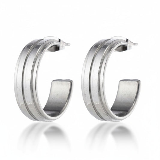 Boucles d'oreilles – Demi-créoles 23 mm, 2 rayures, acier inoxydable argenté, pour femmes 