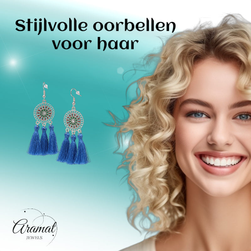 Zomerse Boho Oorhangers Kwastjes Blauw 75mm