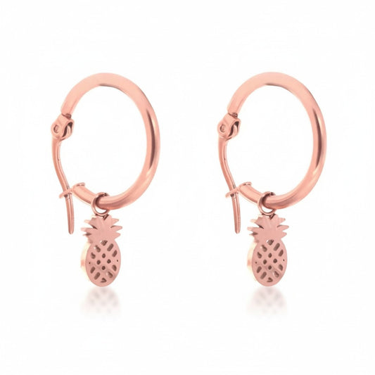 Boucles d'oreilles créoles de 16 mm avec breloque ananas, en acier inoxydable rose pour femme
