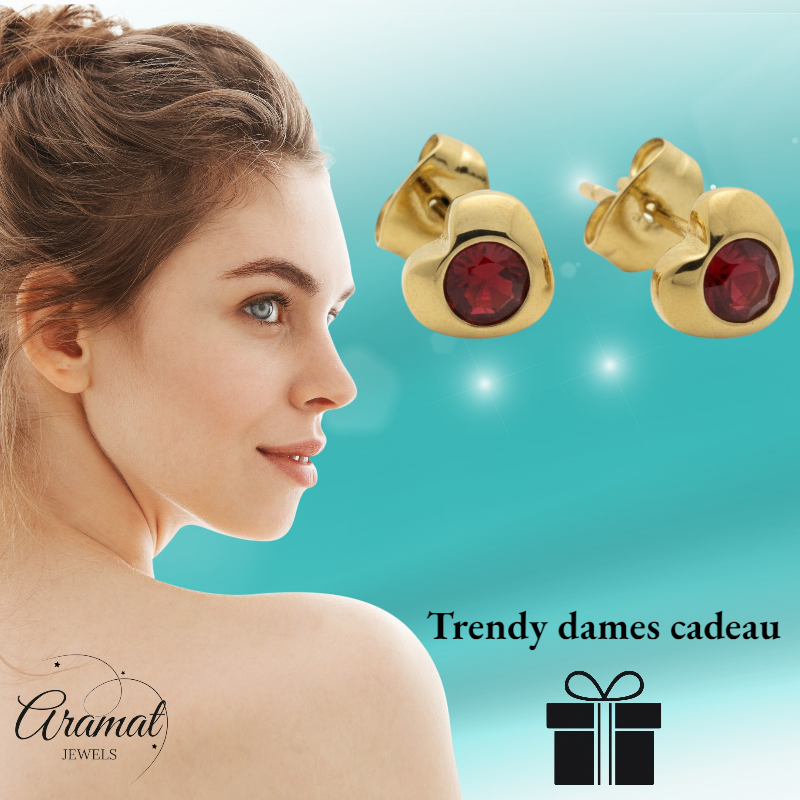 Boucles d'oreilles cœur en acier et zircon rouge