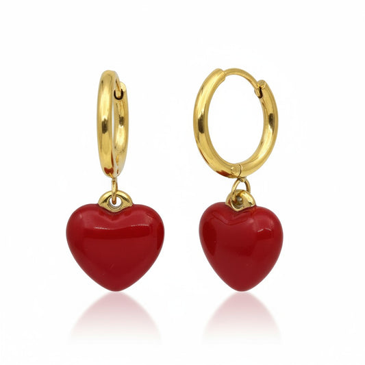 Boucles d'oreilles créoles dorées avec cœur rouge