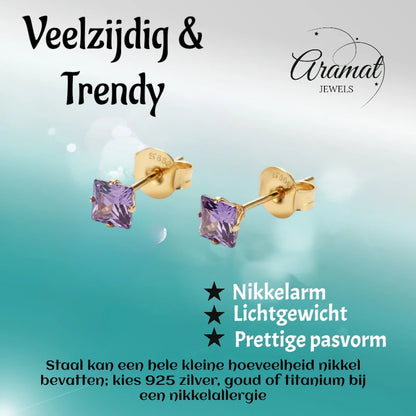 Oorbellen – RVS Goudkleur met Paarse Vierkante Zirkonia (4mm)