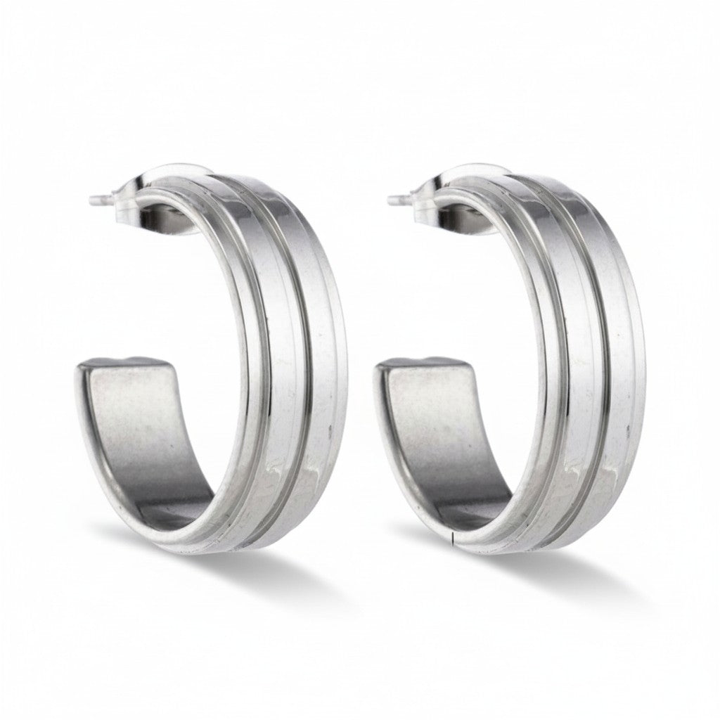 Boucles d'oreilles – Demi-créoles 23 mm, 2 rayures, acier inoxydable argenté, pour femmes 