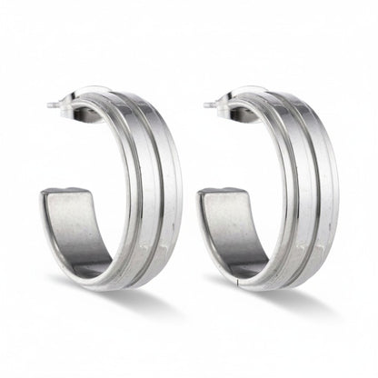 Boucles d'oreilles – Demi-créoles 23 mm, 2 rayures, acier inoxydable argenté, pour femmes 
