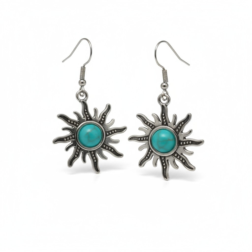 Boucles d'oreilles bohèmes turquoise en forme de soleil, argent antique