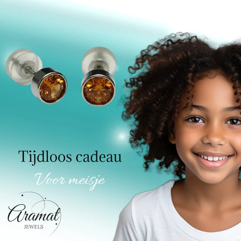 Oorstuds – Staal Kristal Topaas Bruin Zilverkleur (5mm)