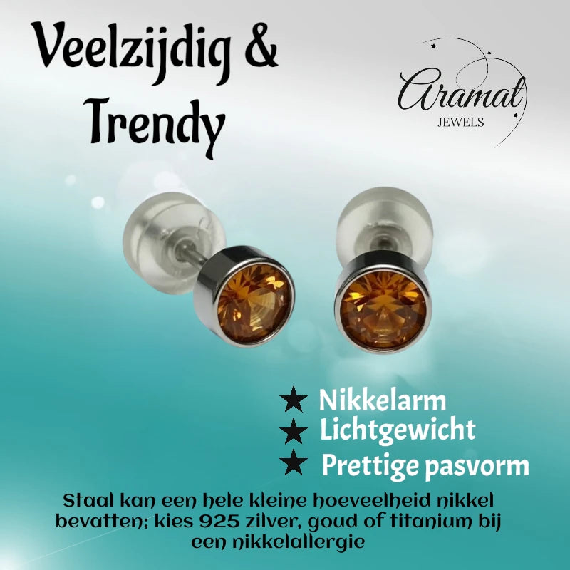 Oorstuds – Staal Kristal Topaas Bruin Zilverkleur (5mm)