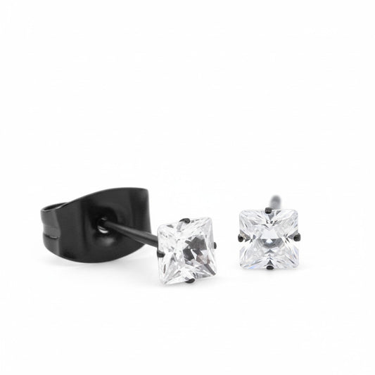 Boucles d'oreilles – Acier inoxydable noir avec zircon carré (3 mm)