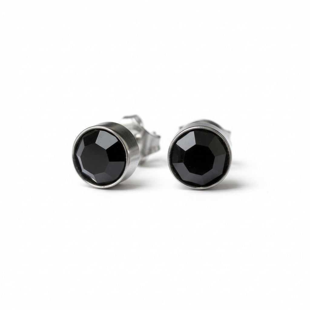 Boucles d'oreilles puces – Acier cristal noir argent (8 mm) 