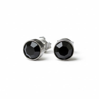 Boucles d'oreilles puces – Acier cristal noir argent (8 mm) 