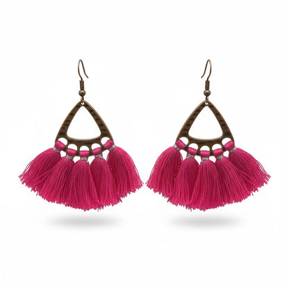 Fel roze bohemian oorhangers met kwastjes, bronskleurige afwerking, 55x30mm, handgemaakte statement oorbellen