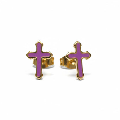 Boucles d'oreilles croix couleur or avec finition émaillée