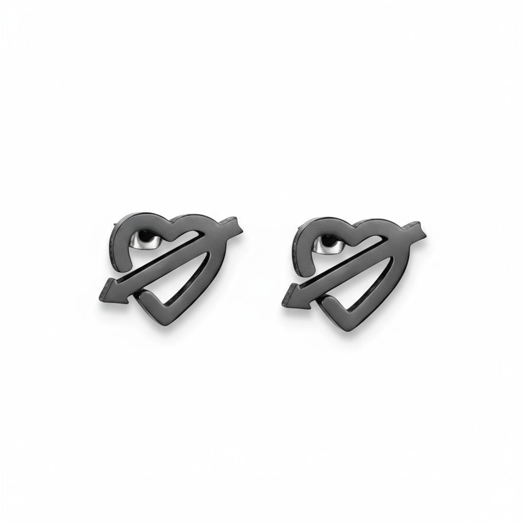 Boucles d'oreilles en acier inoxydable noir en forme de cœur et de flèche, 9 x 8 mm