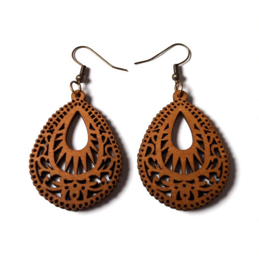 Boucles d'oreilles – Boucles d'oreilles élégantes en bois marron, forme pendante, motif élaboré, pour femme 