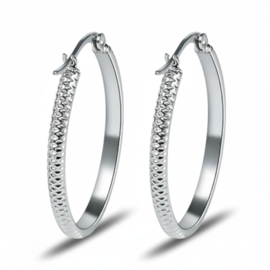 Boucles d'oreilles – 30 mm, motif à pois créoles, acier inoxydable, couleur argentée, pour femmes