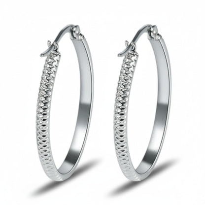 Boucles d'oreilles – 30 mm, motif à pois créoles, acier inoxydable, couleur argentée, pour femmes