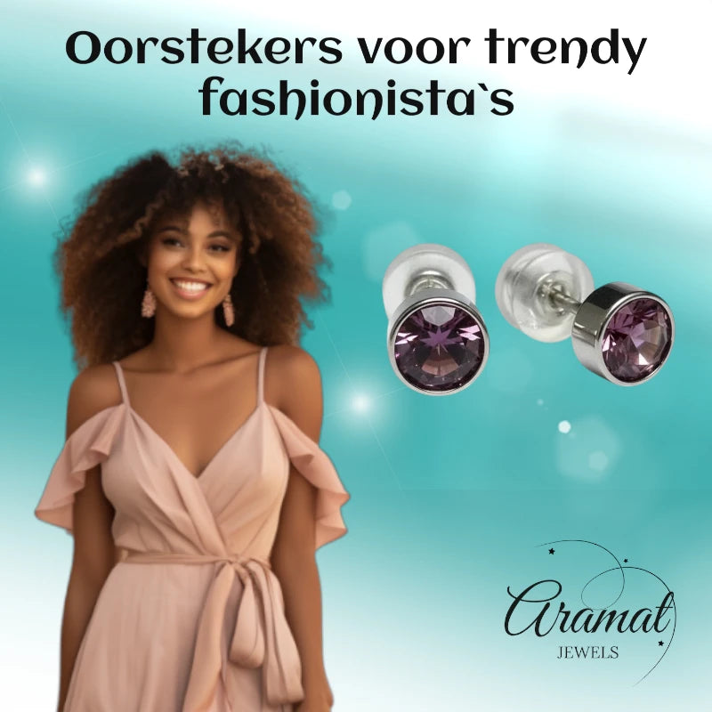 Oorstuds – Staal Kristal Licht Paars Zilverkleur (5mm)