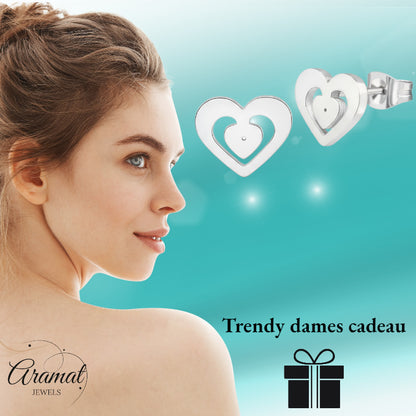 Boucles d'oreilles puces en forme de cœur en acier inoxydable argenté 11 x 9 mm ajouré
