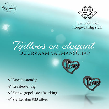 Stalen Hartjes Oorbellen Zwart 9mm Love RVS