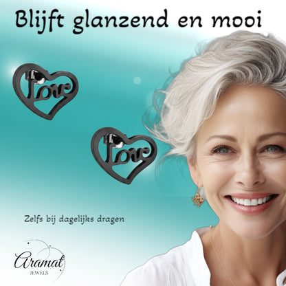Stalen Hartjes Oorbellen Zwart 9mm Love RVS