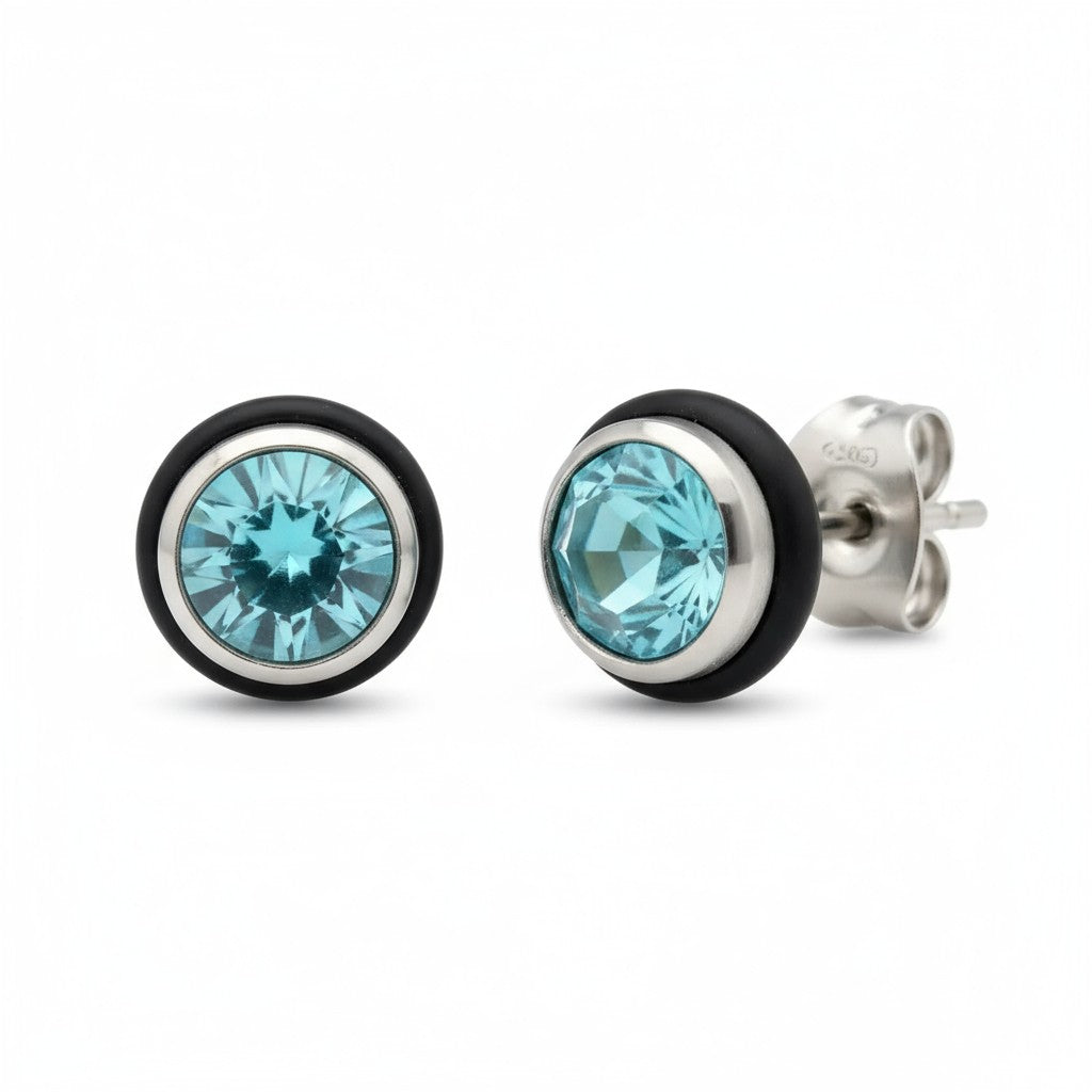 Boucles d'oreilles rondes en acier avec zircon bleu clair 