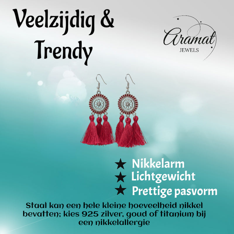 Zomerse Boho Oorhangers Kwastjes Rood 75mm