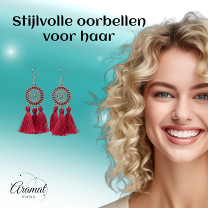 Zomerse Boho Oorhangers Kwastjes Rood 75mm