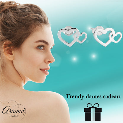 Boucles d'oreilles puces double cœur en acier inoxydable argenté 12x8mm