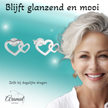 Boucles d'oreilles puces double cœur en acier inoxydable argenté 12x8mm